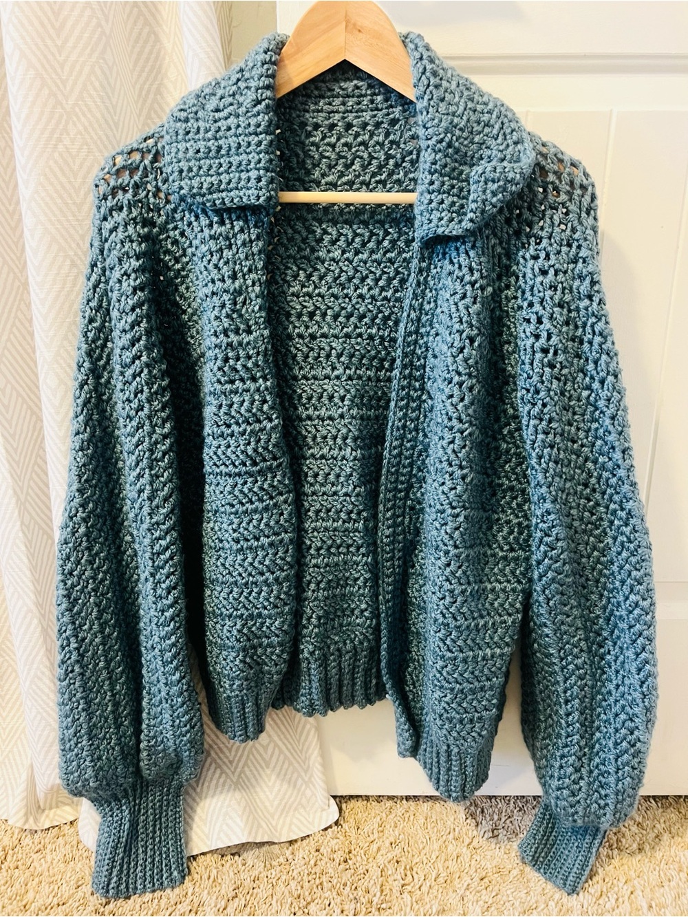 Hand Made Chunky Open-Front Knit Cardigan Balloon Sleeve Sweater Teal Large